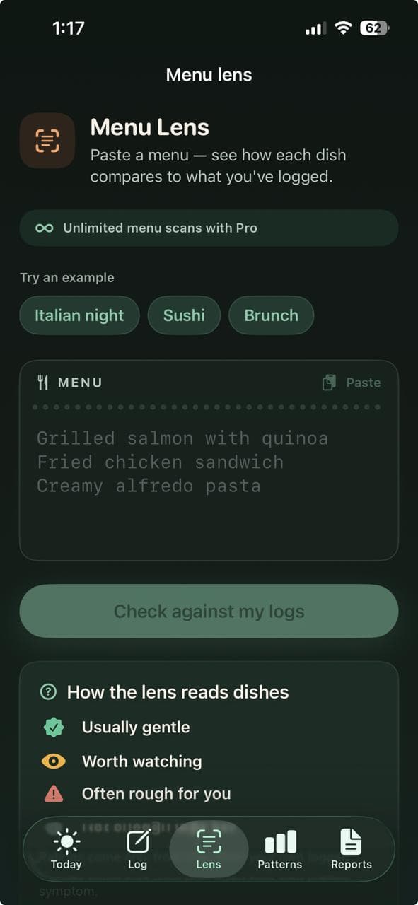 Menu Lens, comparing pasted dishes against previously logged meal descriptors